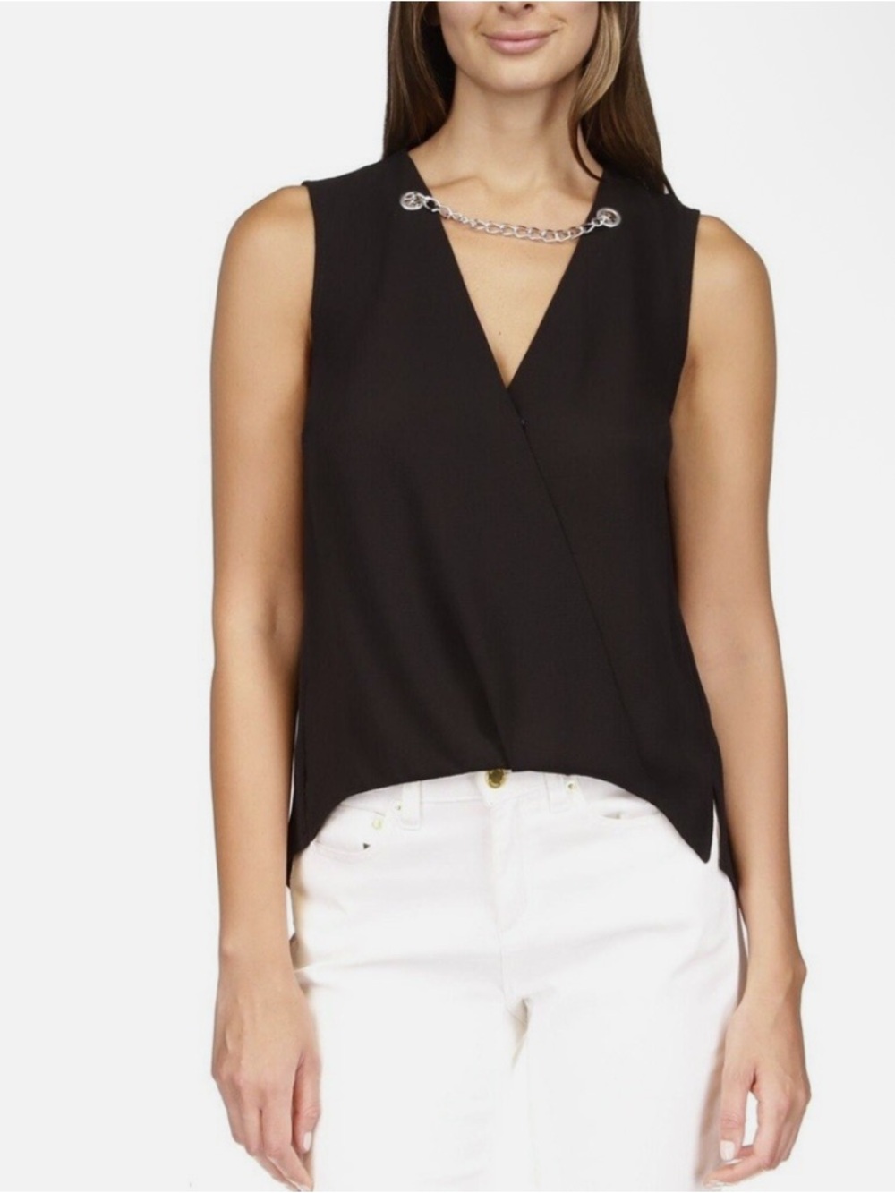 Michael Kors Black Sleeveless V-Neck Top with Silver Chain